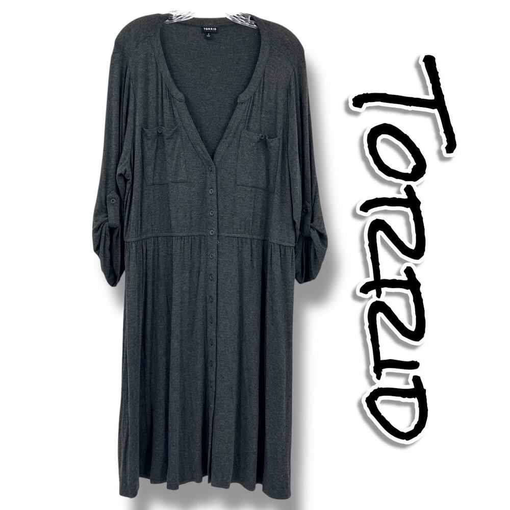 Torrid Gray Button Front Midi Dress Soft Tab Sleeve Pockets Womens Size 2 (2x)